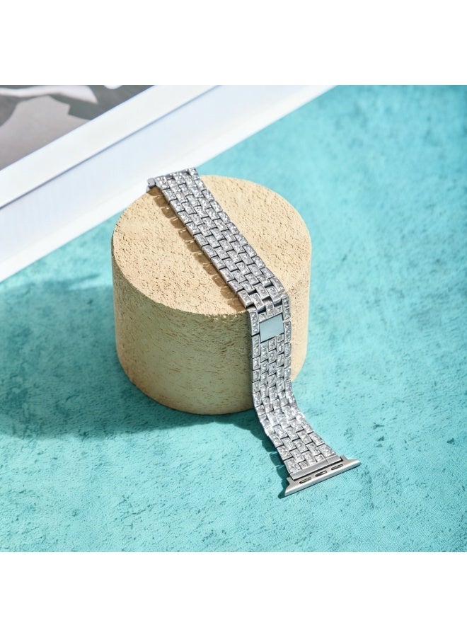 سوار فاخر لساعة آبل مزين بحجر الزركون، حزام من الفولاذ المقاوم للصدأ قابل للتعديل، متوافق مع مقاسات 42 مم و44 مم و45 مم و49 مم (السلسلة 1–9، SE، ألترا وألترا 2) — فضي - Image 5